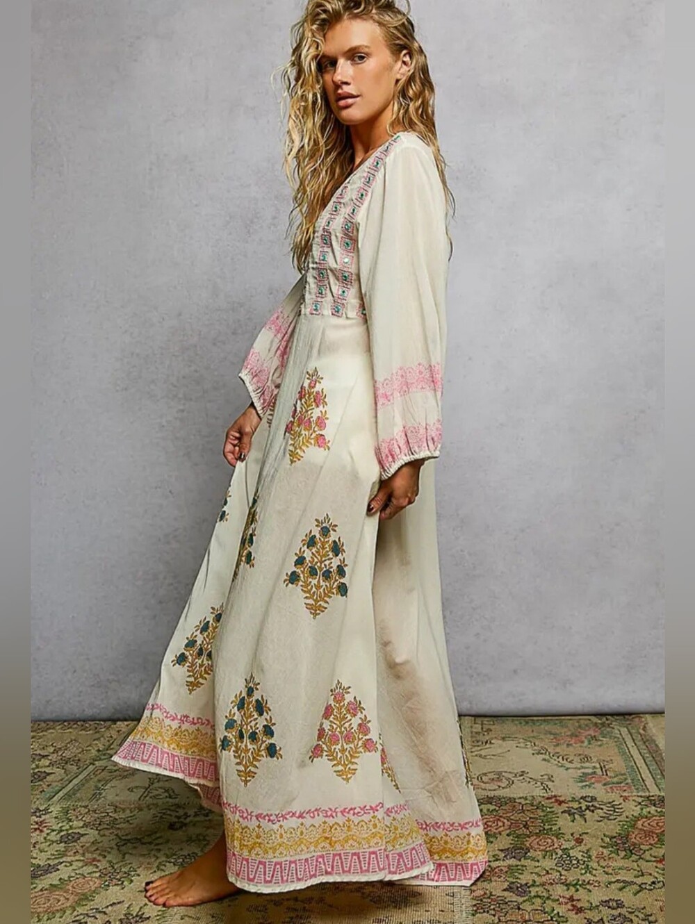 POL Embroidered Ivory Maxi Dress with Pink Accents - Picture 5 of 8